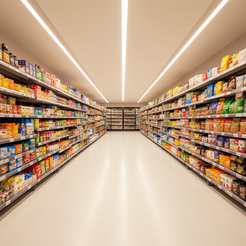 Modern European discount retail store interior with streamlined shelving and shoppers browsing everyday products