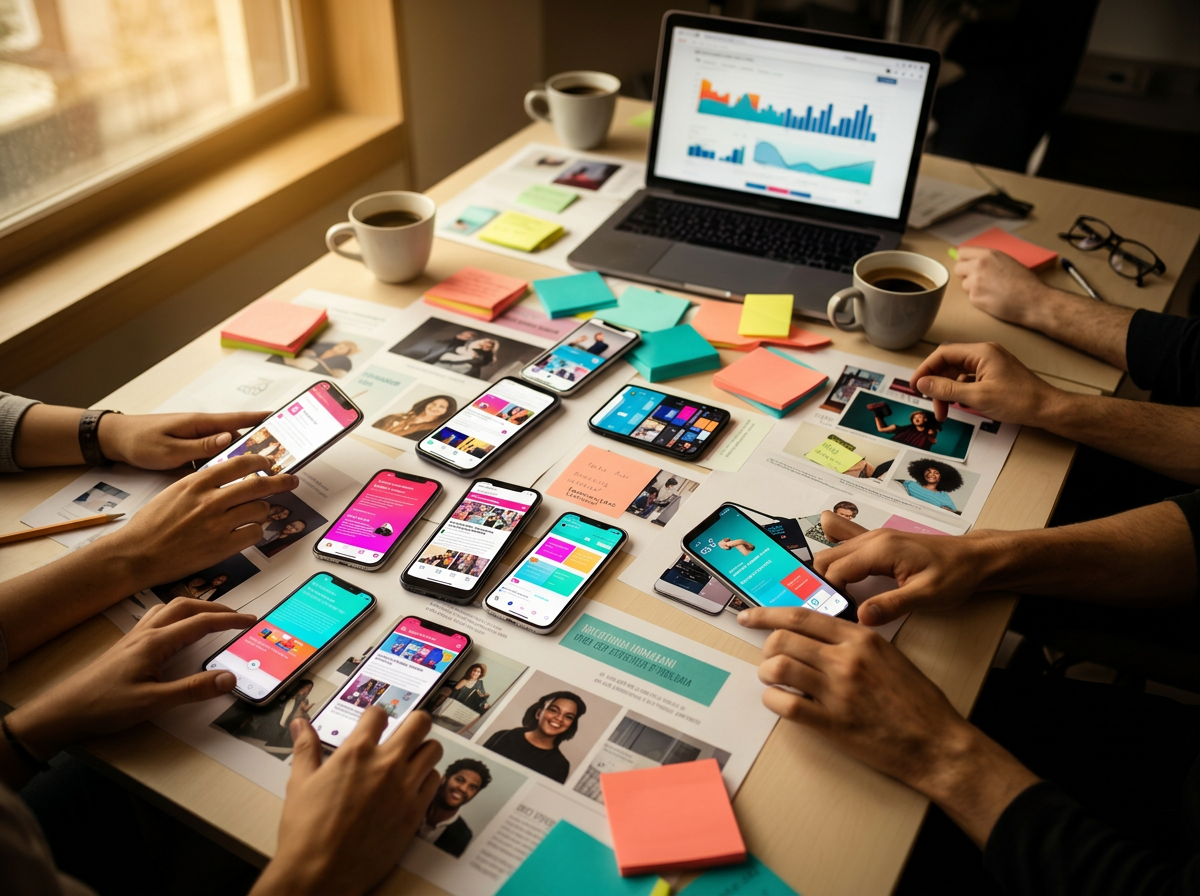 Retail marketing team collaborating around social media analytics dashboard with smartphones showing creator content feeds in a modern office