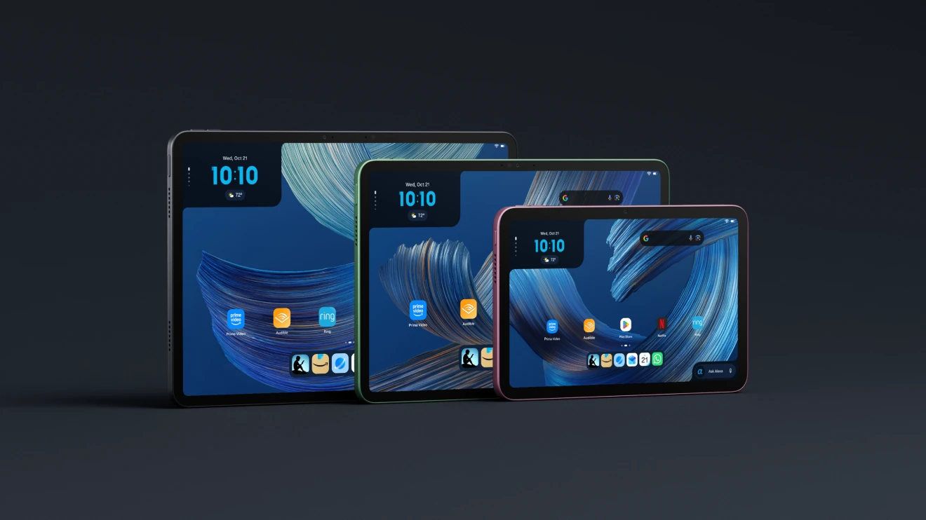 Three Amazon Alexa+ tablets in black, green and pink, showing the home screen with Prime Video, Audible and Ask Alexa