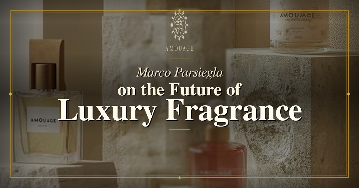 Marco Parsiegla on the future of luxury fragrance - Amouage bottles displayed on stone pedestals