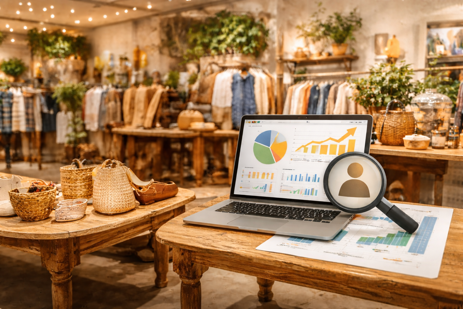 Laptop displaying retail analytics charts and customer data on a wooden table inside a boutique clothing store