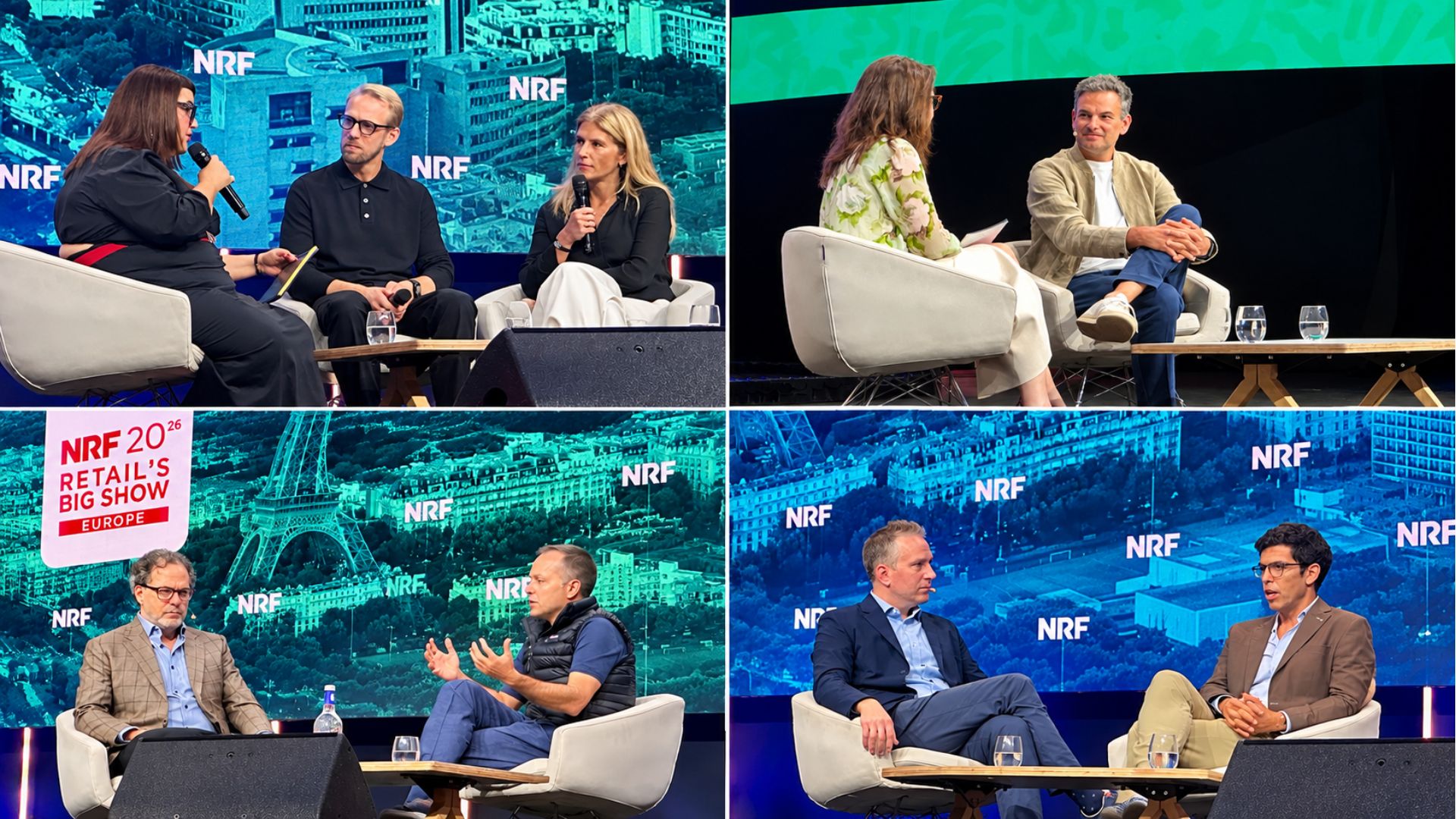 Four stage sessions at NRF Retail's Big Show Europe 2026 in Paris, showing speakers from Zabka, Arket, Aroma-Zone, Westwing and Continente in conversation