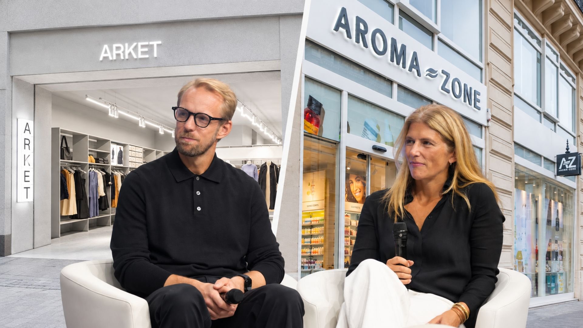 Jesper Magnusson of ARKET and Laure Kruithof of Aroma-Zone seated on stage in front of ARKET and Aroma-Zone shopfronts