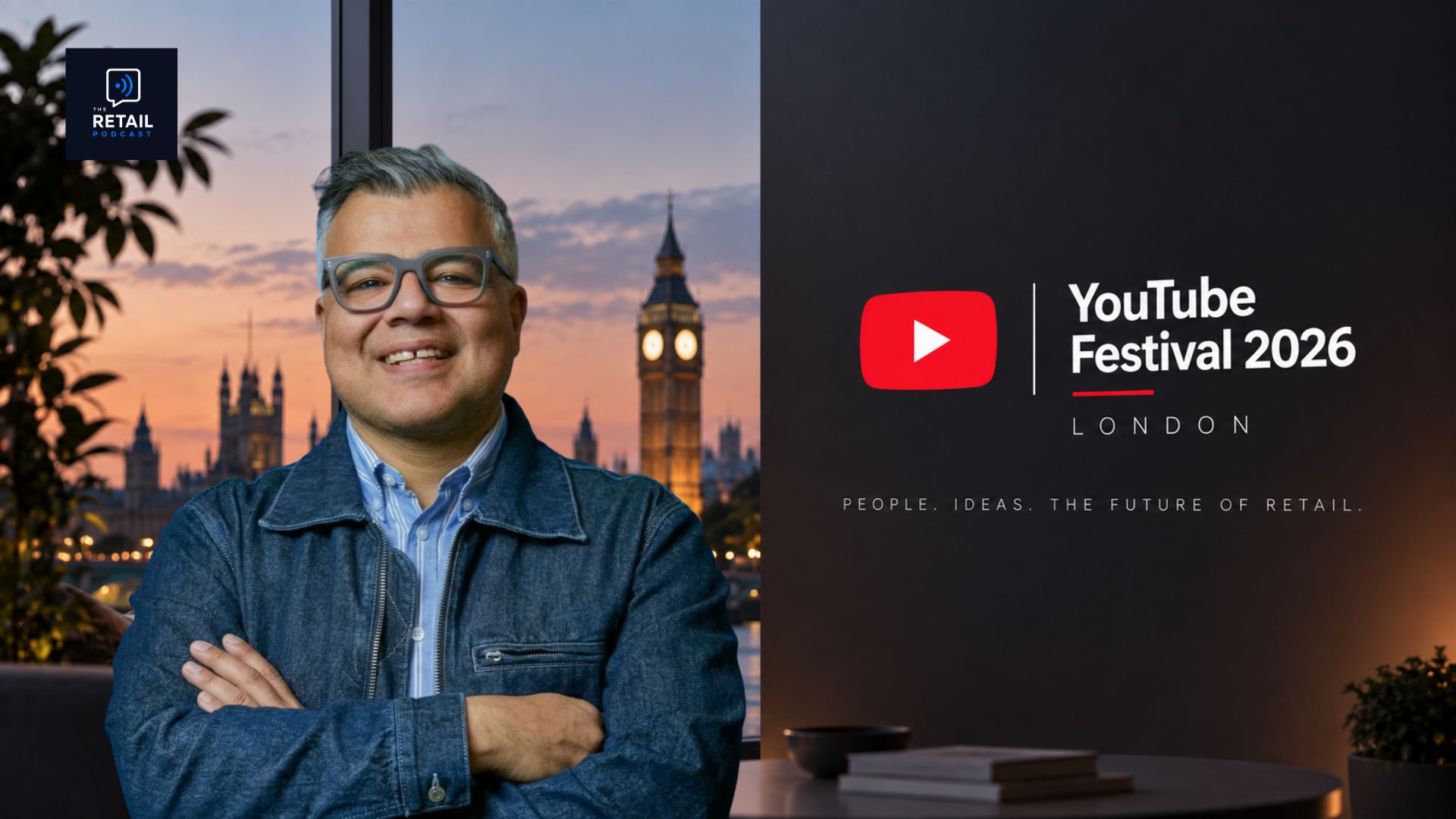 Alex Rezvan of RetailNews.ai pictured at YouTube Festival 2026 in London, with the event branding on screen behind him.