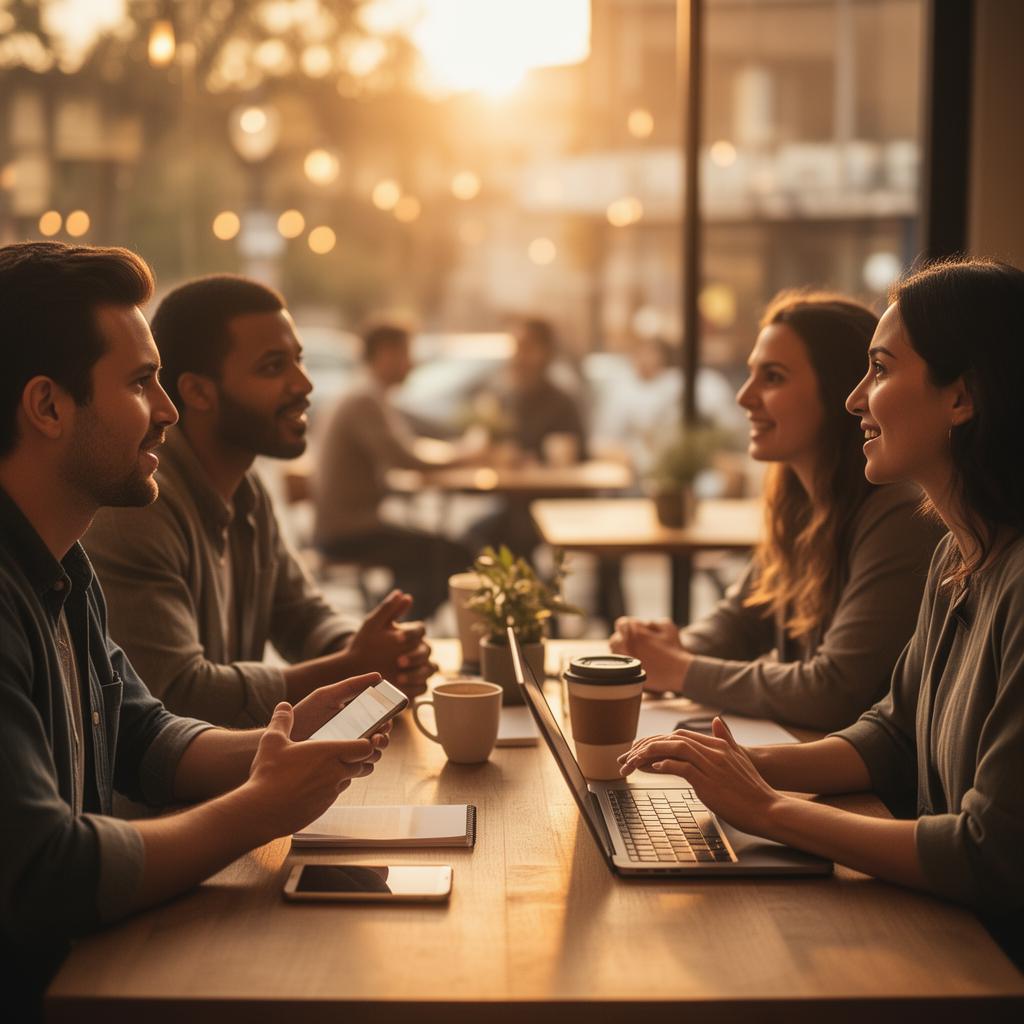People having an authentic conversation in a warm coffee shop setting, representing trust and human connection in the age of AI shopping