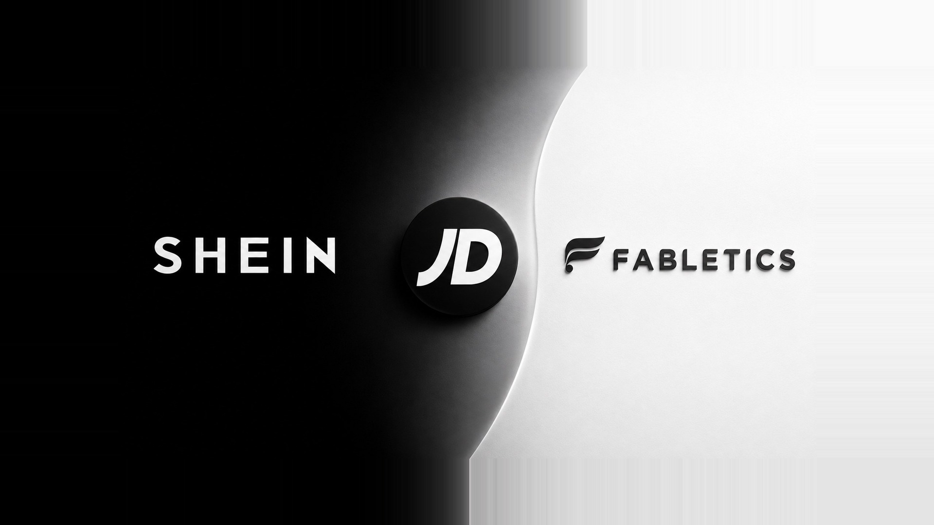 Shein, JD.com and Fabletics logos on a split black and white wall representing shifting international retail forces