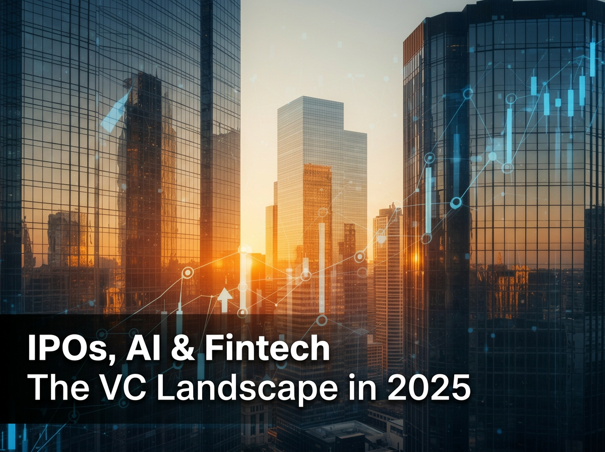 Financial district skyline at golden hour with digital stock chart overlays representing venture capital and IPO market trends in 2025