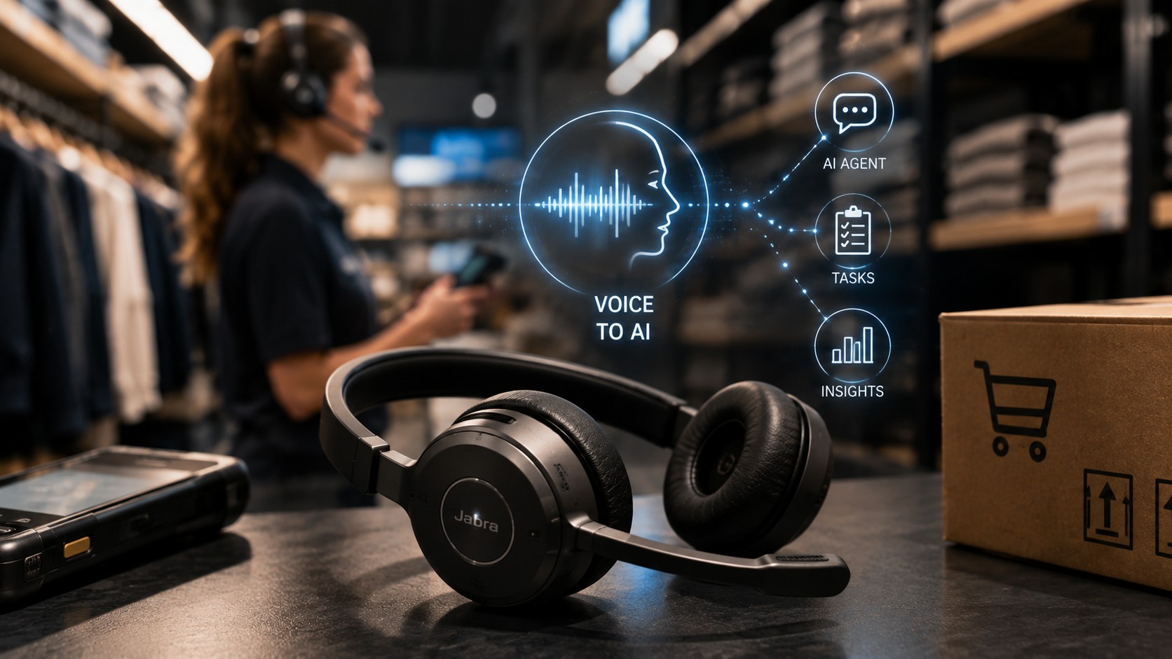 Jabra Perform headset on a store counter beside a handheld scanner, with a retail associate wearing a headset in the background and a voice-to-AI interface graphic overlaid.