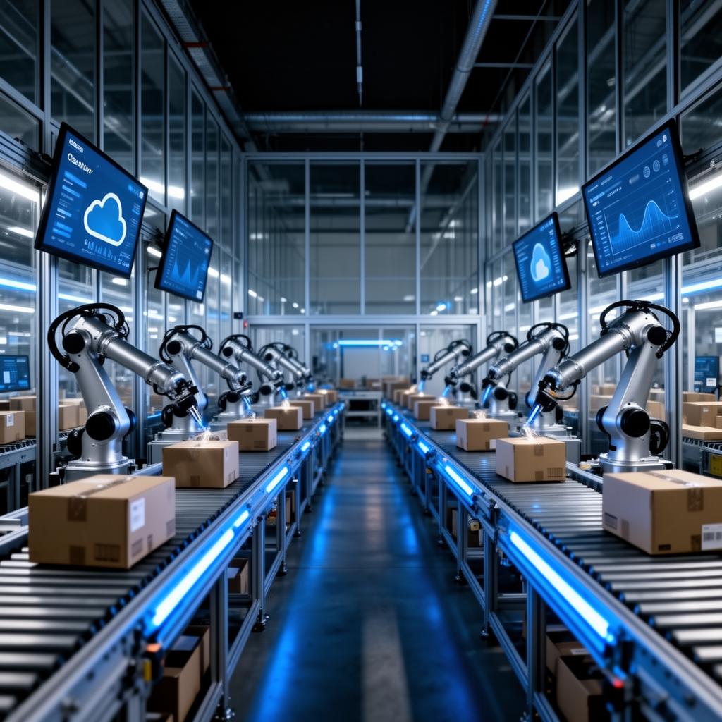 Automated retail fulfillment center with robotic arms sorting packages under cool blue lighting and cloud analytics dashboards