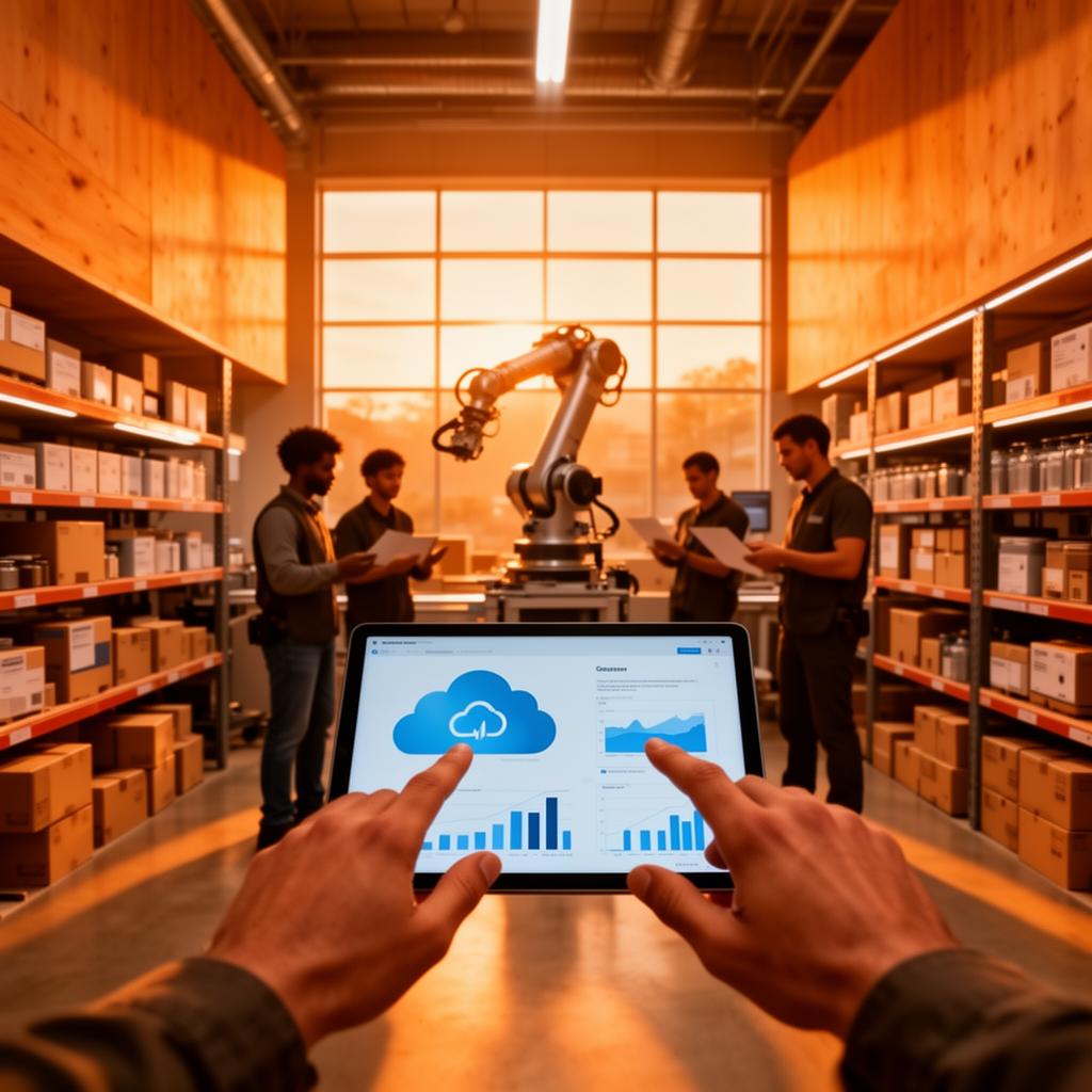 AI-powered robotic fulfillment center with workers collaborating alongside cloud analytics technology in a warm warehouse setting