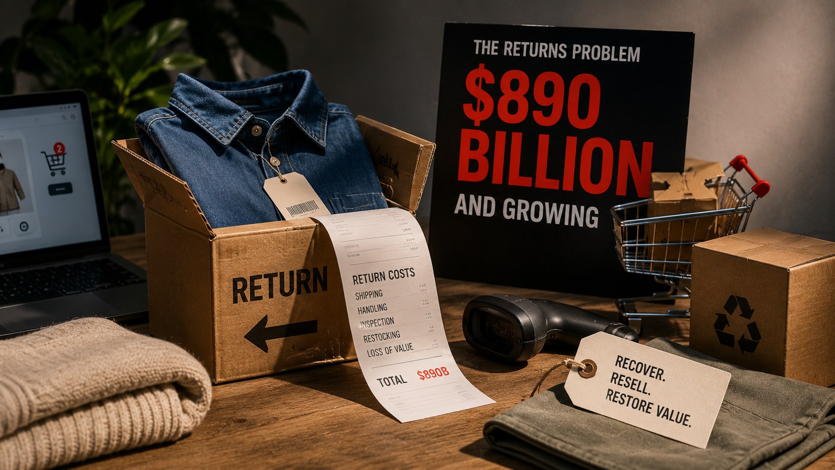 A returns box with a folded denim shirt, a long receipt itemising return costs totalling $890 billion, a barcode scanner and a sign reading The Returns Problem, $890 Billion and Growing.