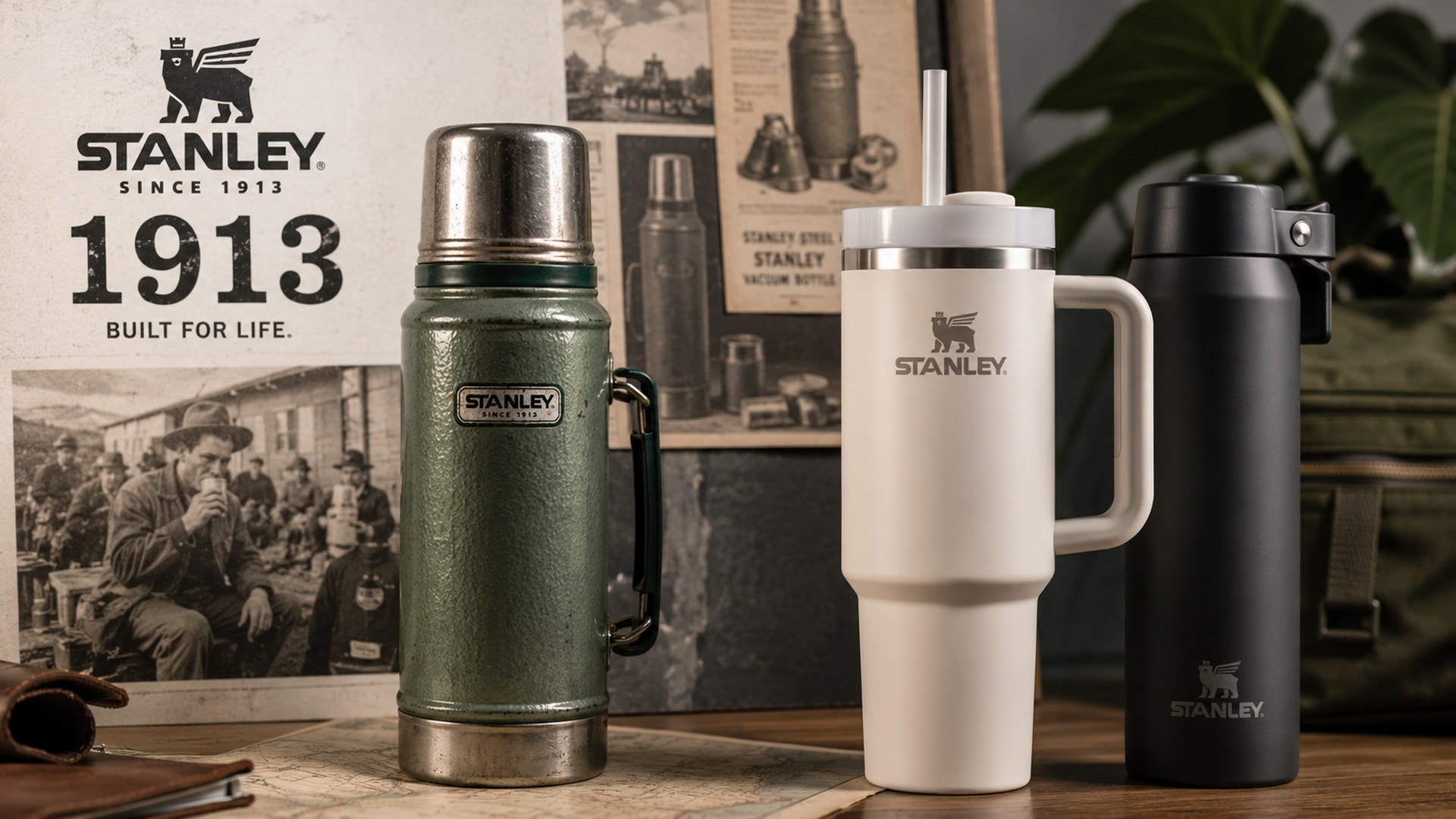 A vintage green Stanley vacuum thermos, a cream Stanley Quencher tumbler and a black Stanley bottle displayed in front of archive Stanley 1913 advertising.