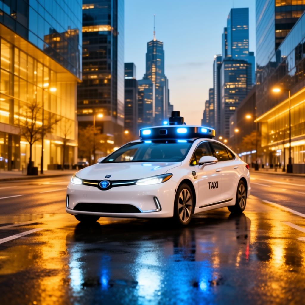 White autonomous robotaxi with rooftop sensors navigating a modern city street at dusk
