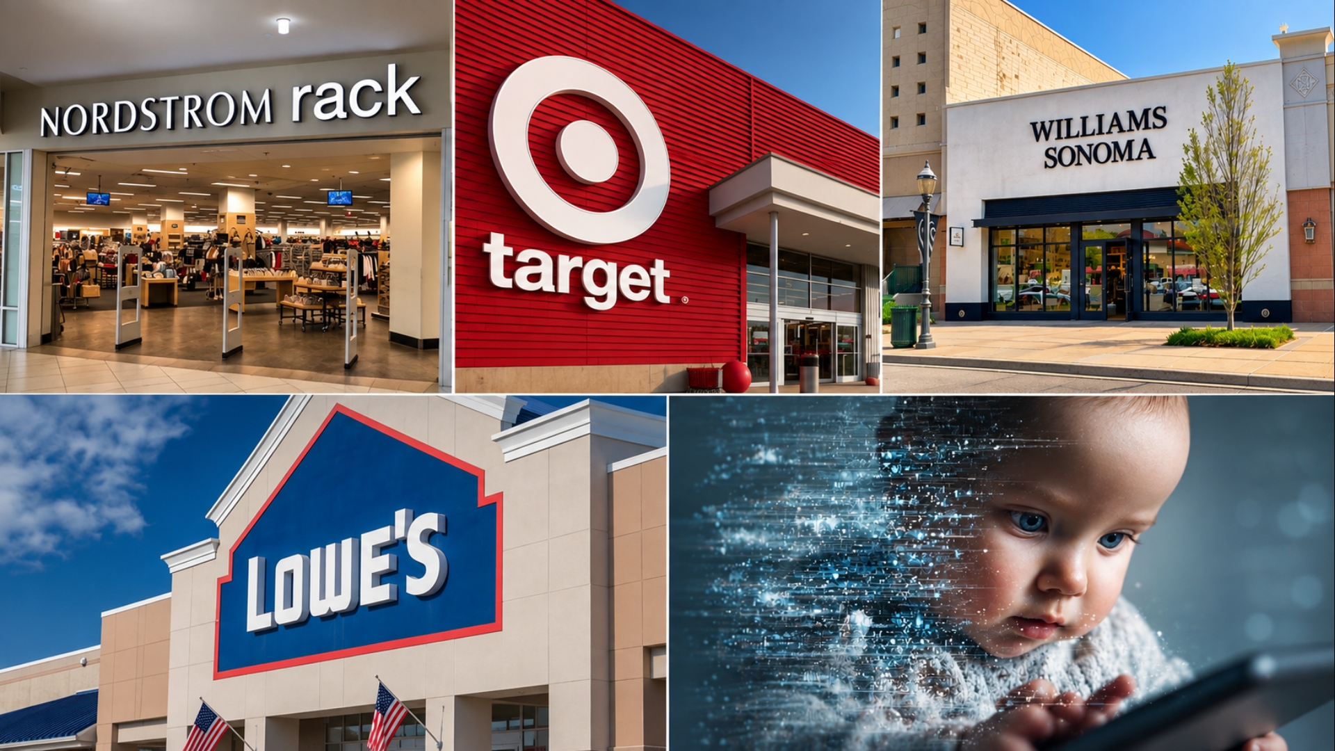 Storefronts of Nordstrom Rack, Target, Williams-Sonoma and Lowe's alongside an image representing Generation Beta