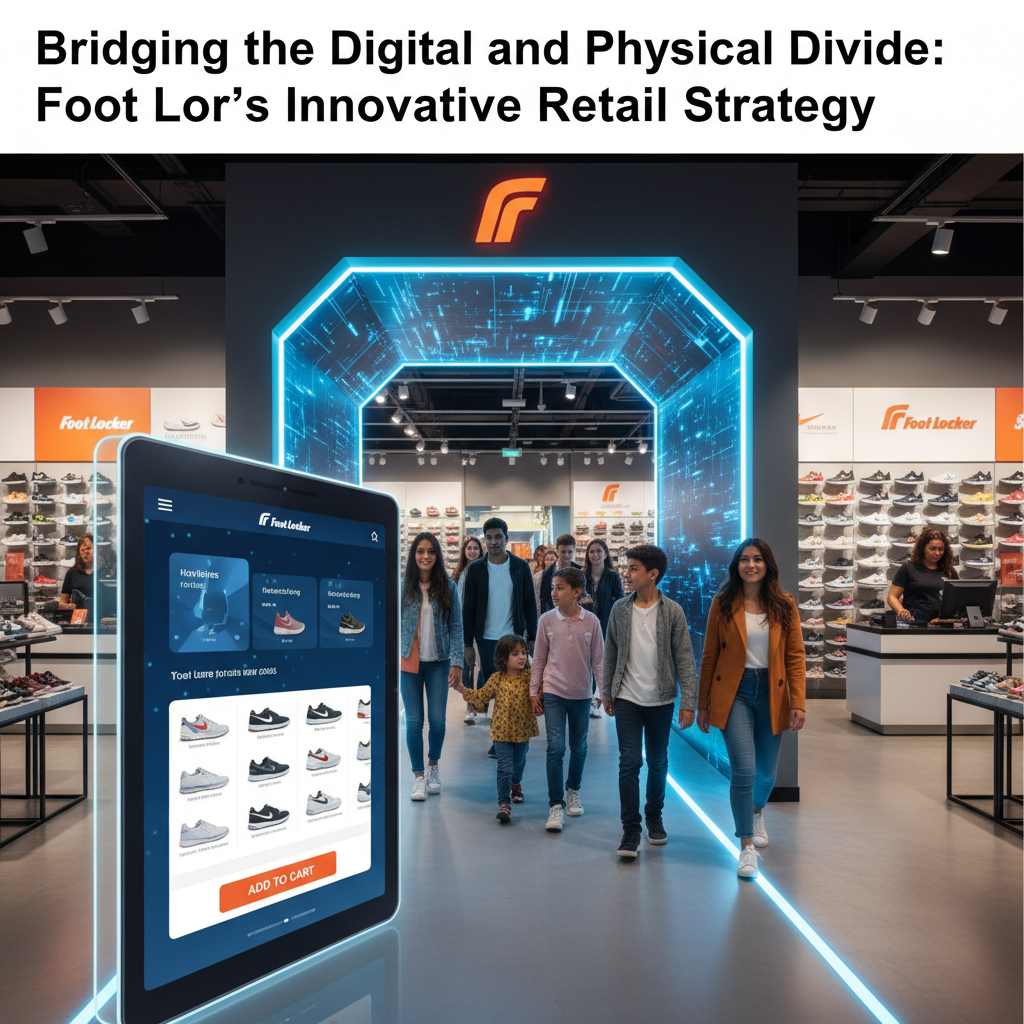 Foot Locker store interior blending digital displays with physical merchandise, showcasing innovative retail strategy.