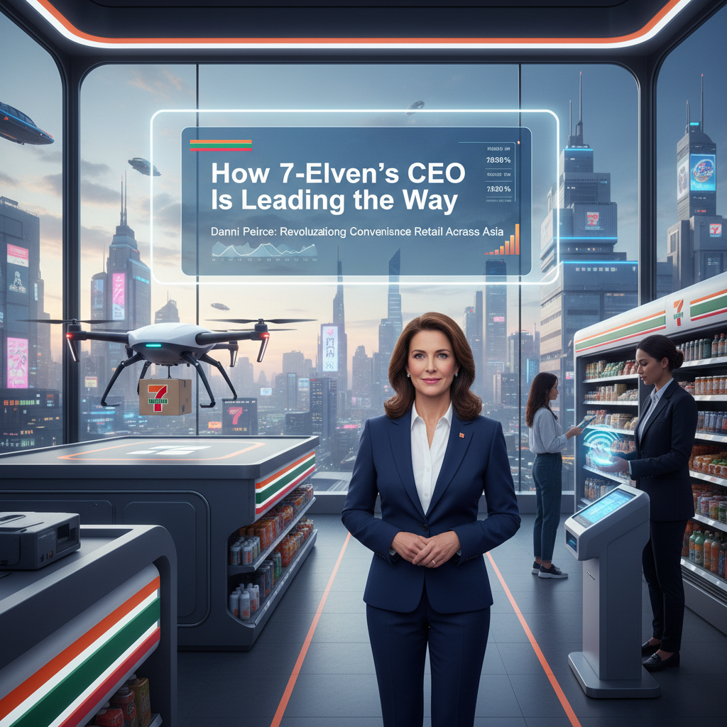 7-Eleven CEO Danni Peirce with drone delivery and palm payment technology, driving retail innovation.