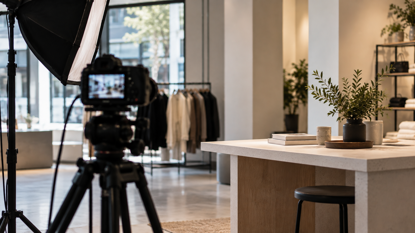 A camera and studio light set up inside a John Lewis-style retail space, with clothing rails and a styled product table in the background