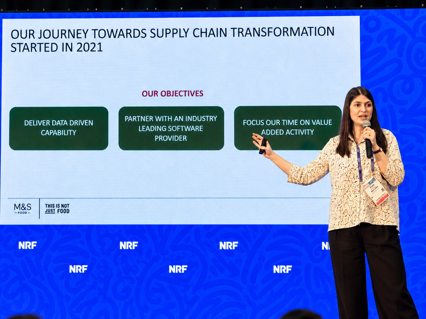 M&S Food speaker presenting supply chain transformation objectives on stage at NRF Retail's Big Show Europe