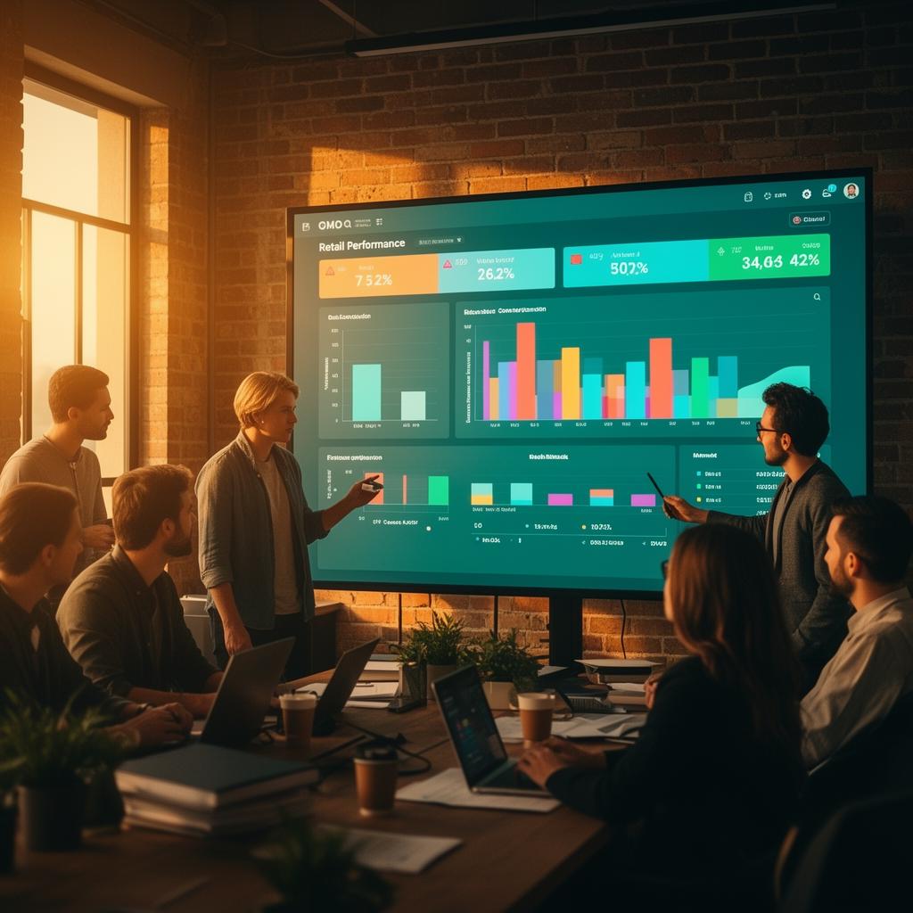 Marketing team reviewing retail media performance dashboards in a warm office setting