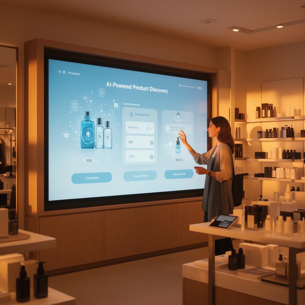 Woman interacting with an AI-powered product discovery touchscreen in a modern retail store with warm golden lighting