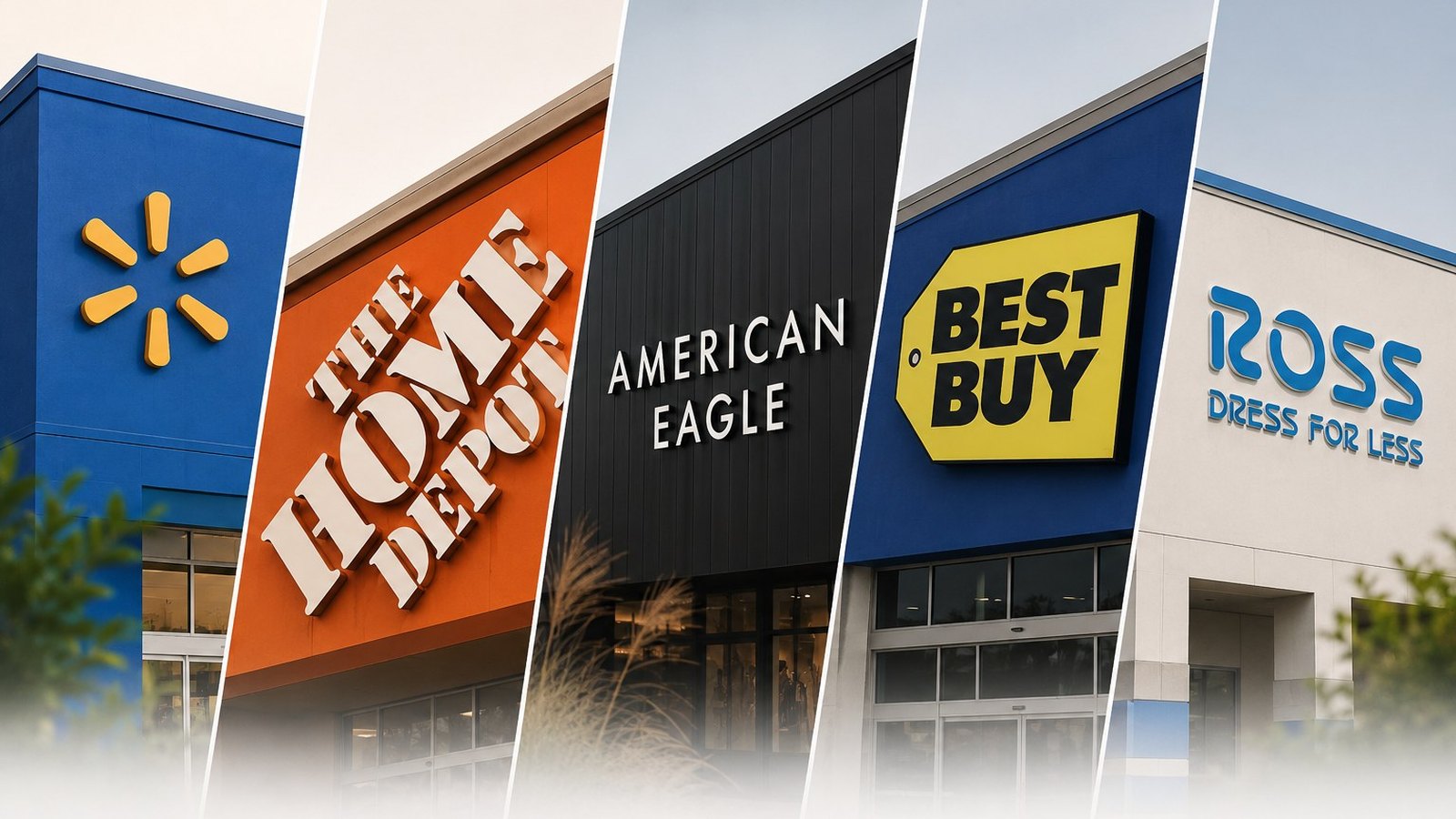 Storefront signage for Walmart, Home Depot, American Eagle, Best Buy and Ross Dress for Less