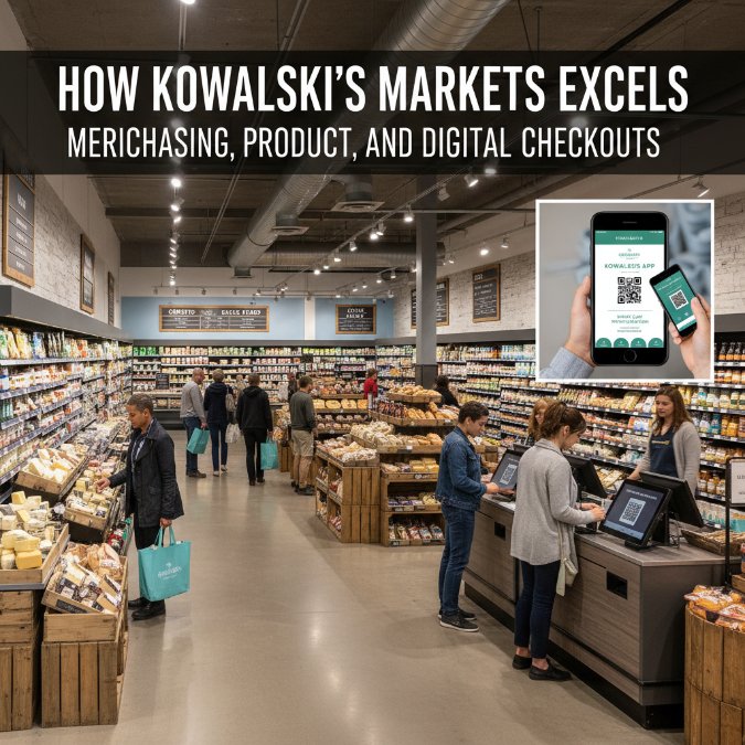 Kowalski's Markets aisles showcasing curated products and digital checkout display.