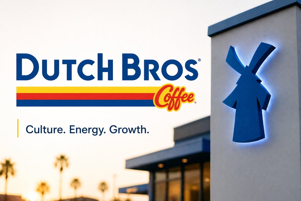 Dutch Bros Coffee storefront sign with windmill logo at dusk, illustrating the brand's culture-led national growth strategy.