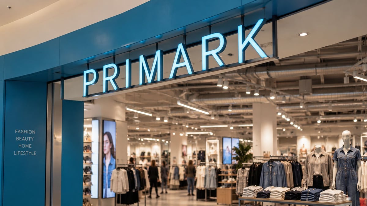 Illuminated Primark shopfront sign above the entrance to a brightly lit fashion store with clothing rails and mannequins inside
