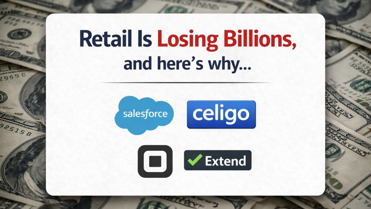 Stacks of US dollar bills underneath a card reading Retail Is Losing Billions, with Salesforce, Celigo, Block, and Extend logos