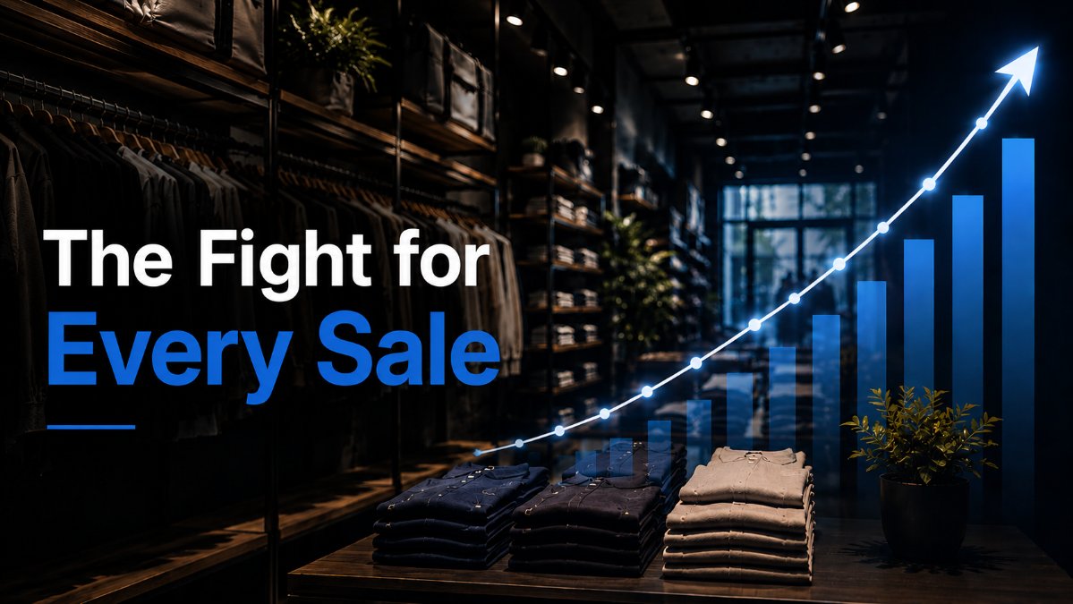 Editorial cover image - The Fight for Every Sale - showing an upscale apparel store interior with a rising blue performance chart