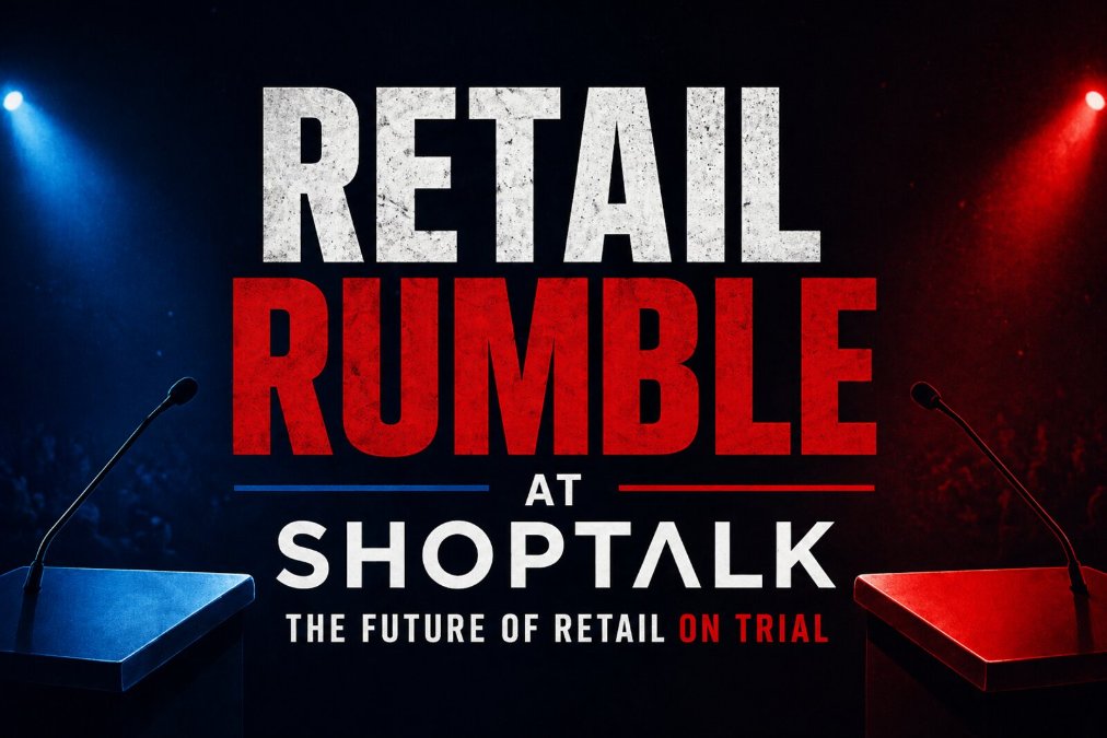 Retail Rumble at Shoptalk debate stage with red and blue podiums under spotlights