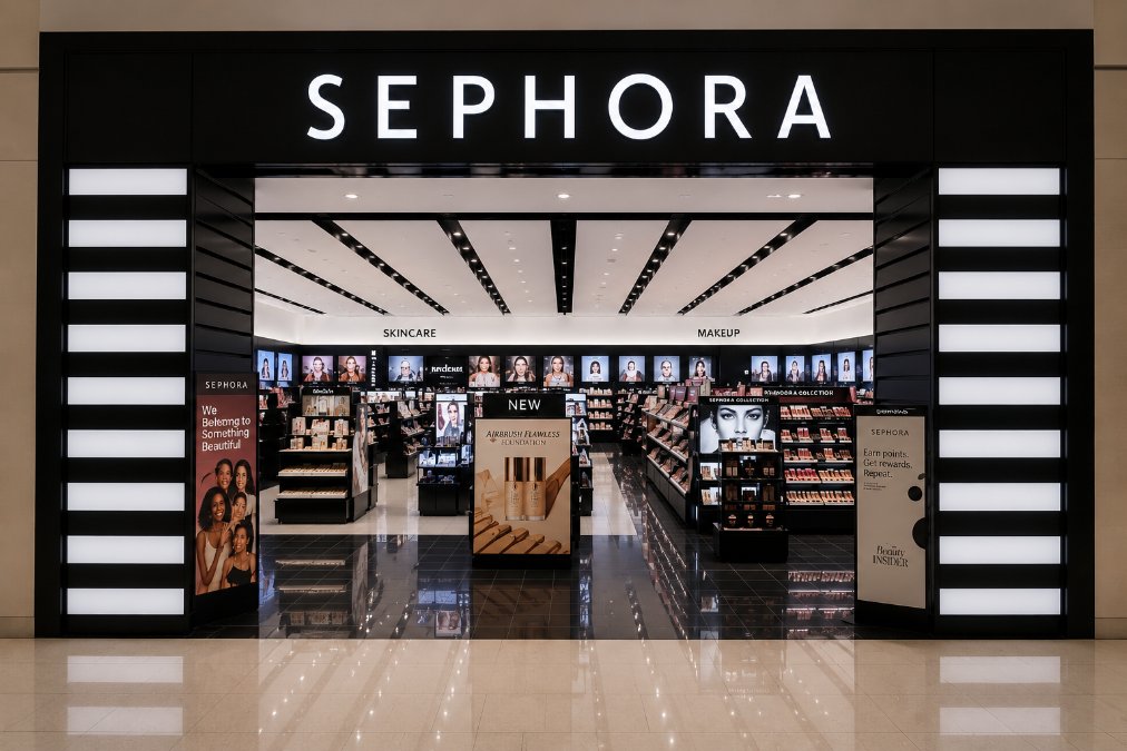 Sephora store interior, vibrant displays, beauty products, customers browsing.