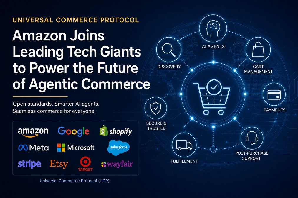 Universal Commerce Protocol diagram showing Amazon, Google, Shopify, Meta, Microsoft, Salesforce, Stripe, Etsy, Target and Wayfair logos around an AI-powered shopping cart connected to discovery, cart, payments, fulfillment and post-purchase nodes.