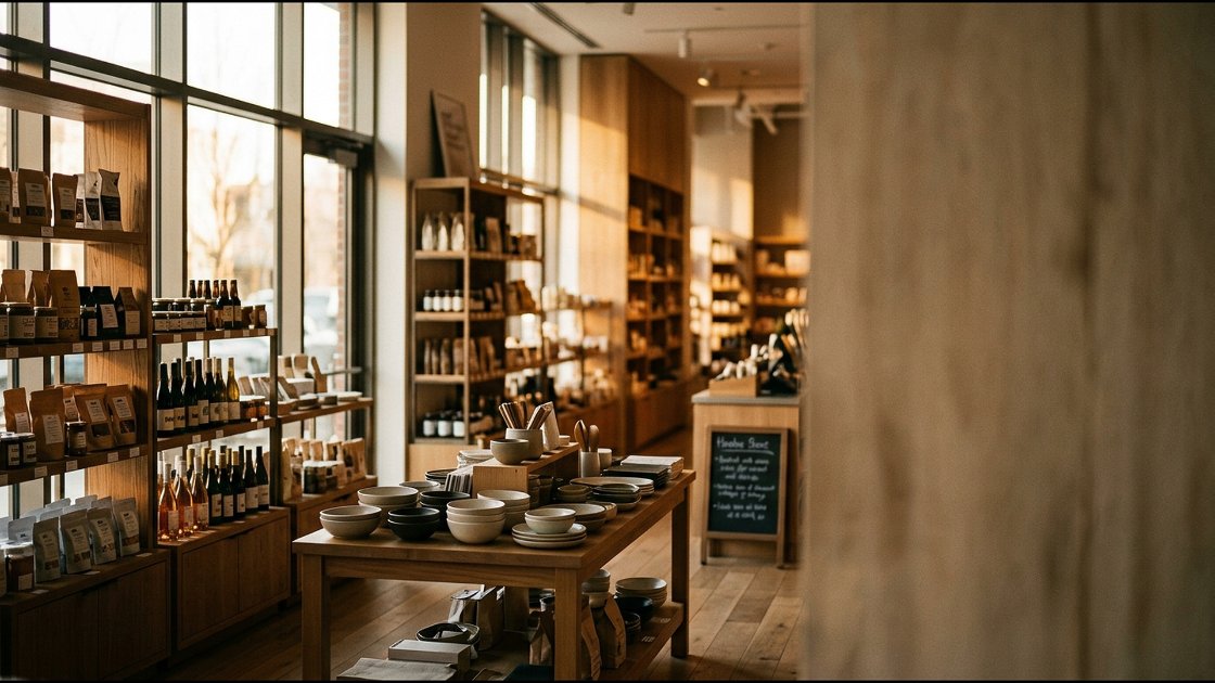 Quiet, warmly lit independent retail store interior at golden hour with neatly merchandised wooden shelves of wine, packaged goods and ceramic tableware - illustrating customer-led retail.