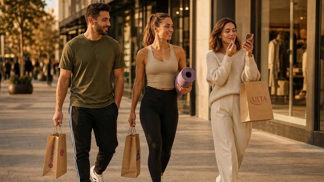Three shoppers walking together carrying branded Lululemon, Adidas and Ulta Beauty paper shopping bags on a sunlit retail street