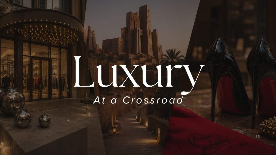Composite image showing a luxury department store entrance, the Diriyah heritage district at dusk, and Christian Louboutin red-soled stilettos on a velvet pouch.