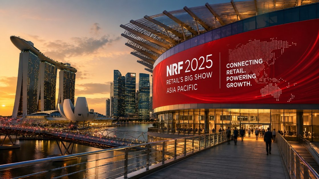 NRF 2025 Retail's Big Show Asia Pacific in Singapore at sunset, with the Marina Bay skyline in the background