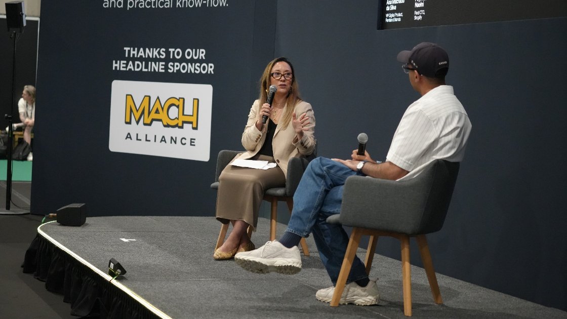 Ana Machado da Silva of Pentland Brands speaks with Shopify Field CTO Peyman Naeini on stage at Shoptalk Europe 2026 in Barcelona.