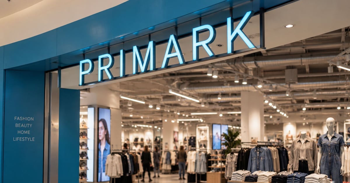Illuminated Primark shopfront sign above the entrance to a brightly lit fashion store with clothing rails and mannequins inside