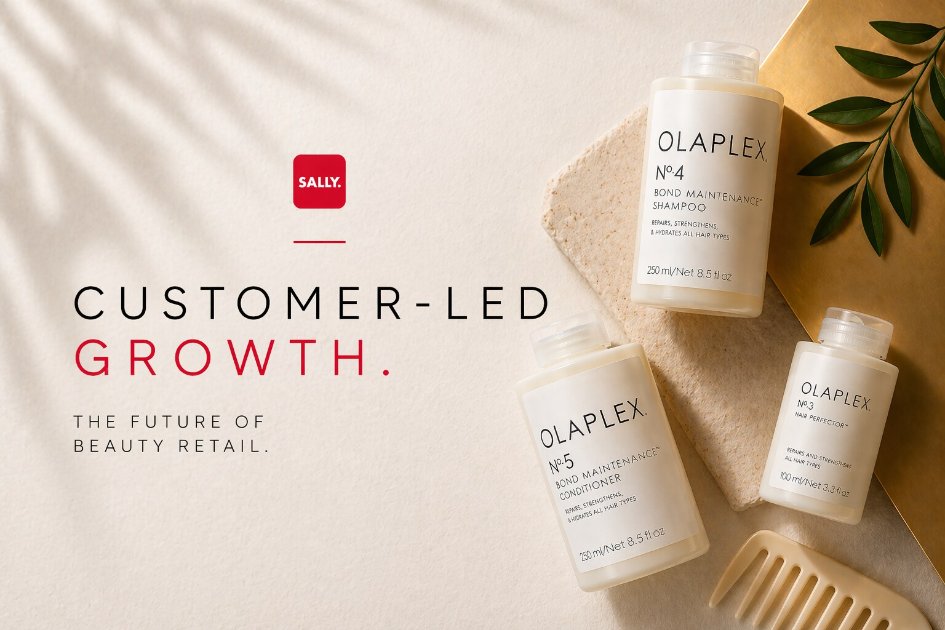 Sally Beauty branding alongside Olaplex hair care products on a warm neutral surface