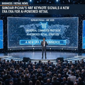 Sundar Pichai unveils AI retail future at NRF 2026, discussing Universal Commerce Protocol.