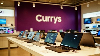 AI laptops on display at a Currys store in the UK with the Currys purple brand wall behind