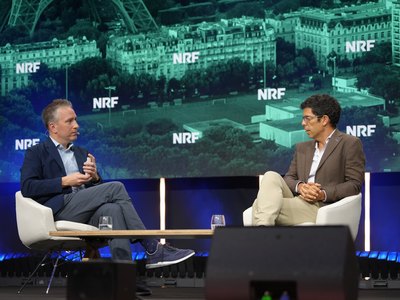 Instacart's Ryan Hamburger on the left and Continente's Guilherme Cardoso on the right in conversation on stage at NRF Europe in Paris