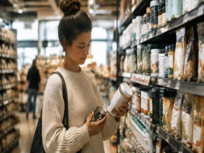 A shopper comparing wellness products on a supermarket shelf, reflecting the value and GLP-1 themes discussed at Groceryshop 2026