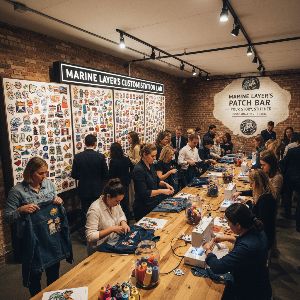 Marine Layer Patch Bar crafts custom apparel, highlighting retail customization trend.