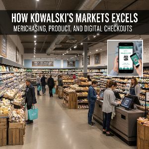 Kowalski's Markets aisles showcasing curated products and digital checkout display.