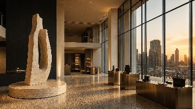 Luxury flagship retail interior at golden hour with travertine sculpture, brass display podiums and a city skyline through floor-to-ceiling glass.