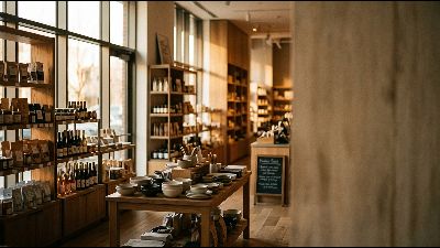 Quiet, warmly lit independent retail store interior at golden hour with neatly merchandised wooden shelves of wine, packaged goods and ceramic tableware - illustrating customer-led retail.