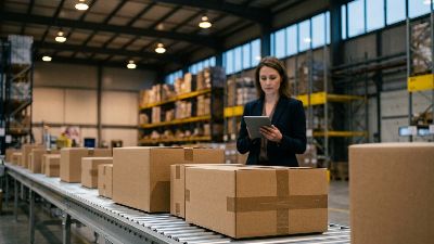 Operations executive reviewing a tablet beside a conveyor of plain brown shipping boxes in a modern ecommerce fulfilment centre