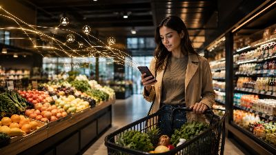 Shopper using a smartphone in a supermarket aisle with glowing data connections illustrating personalised retail media
